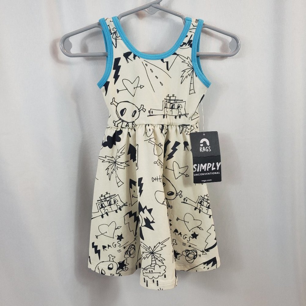 RAGS Sleeveless Cream Dress with Blue Trim and Black Printed Doodles
